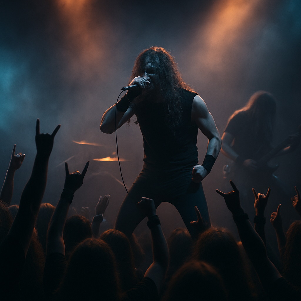 A singer performing in a metal concert