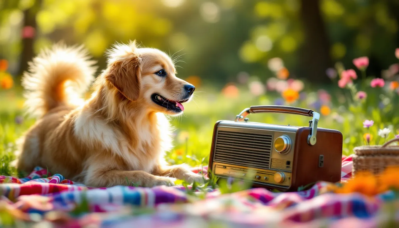 A dog listening to music on radio, happy and relaxed