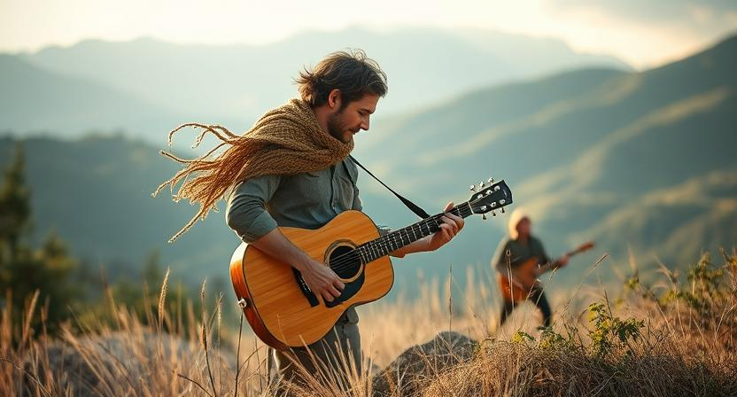 Human wearing scarf and holding a guitar