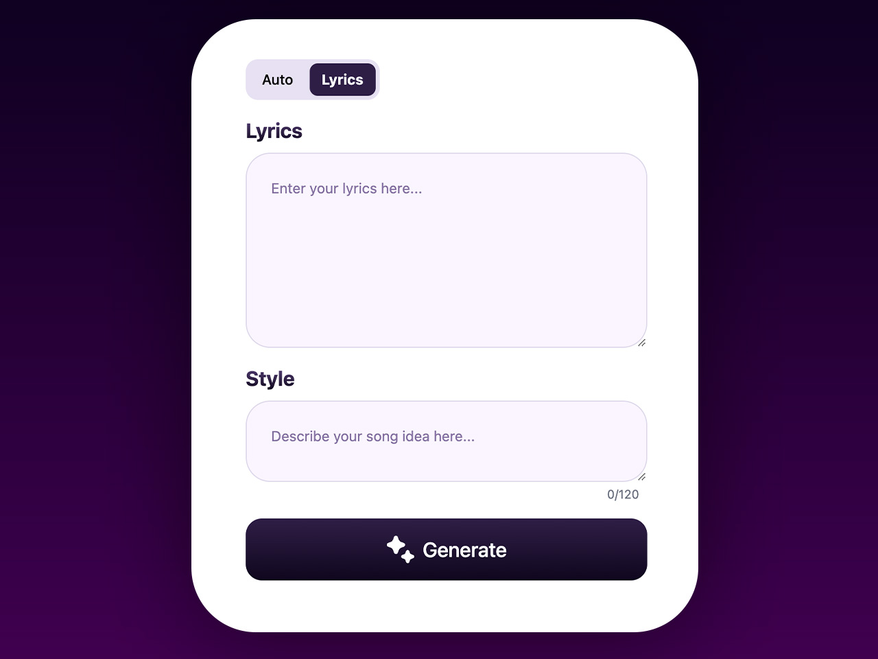 Neume's AI song creation interface with lyrics mode selected where you can enter lyrics and generate a song