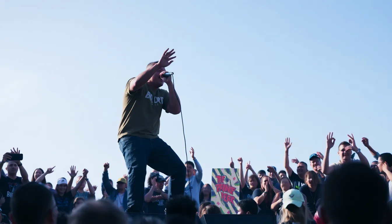 A person performing a rap song on stage