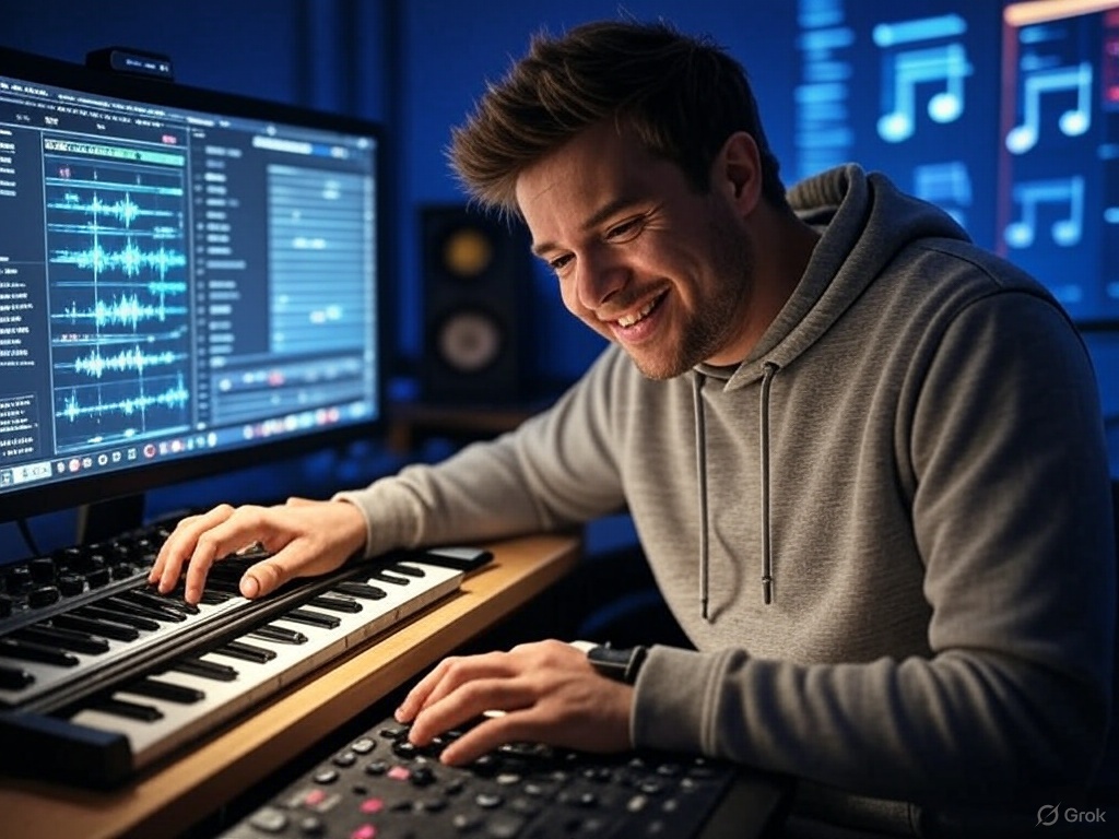 Musician making use of instruments and AI to create music
