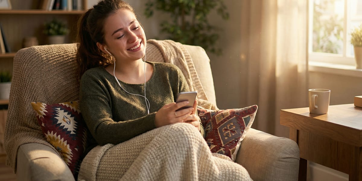 Person reacting emotionally while listening to a personalized song on their phone