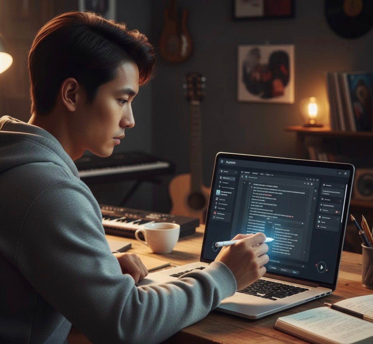 A person editing AI generated lyrics on a laptop