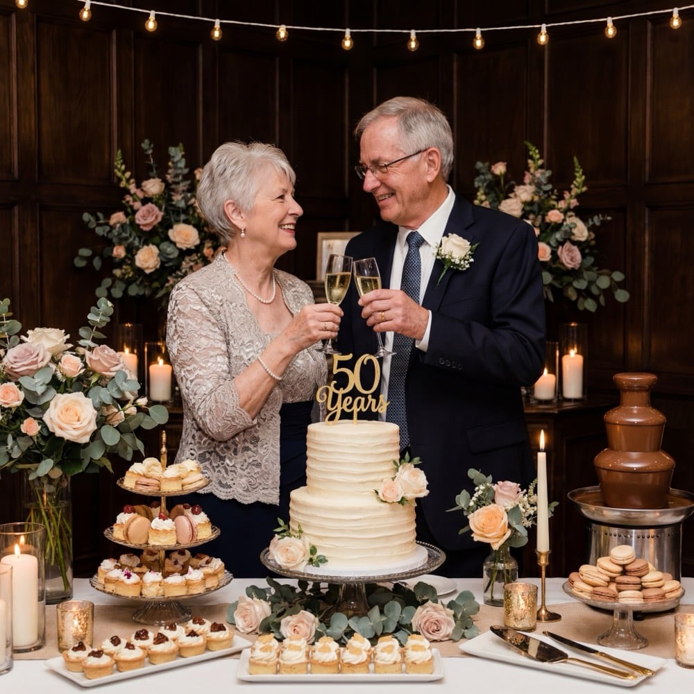 Anniversary celebration with cake and champagne