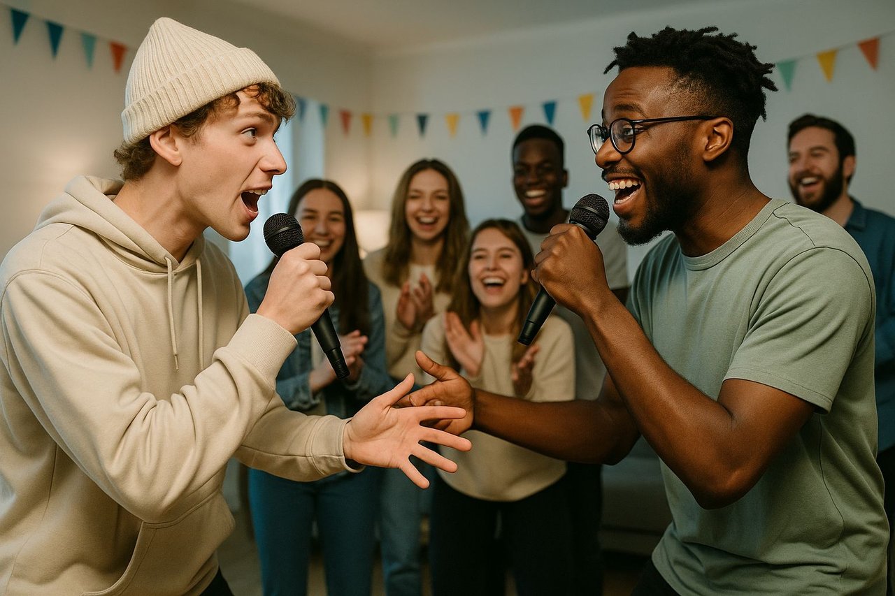 A group of friends singing disses at one another