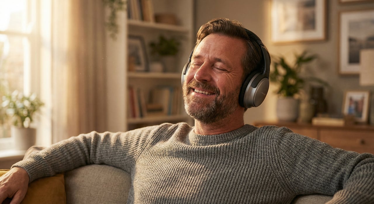 A father smiling while listening to a personalized song