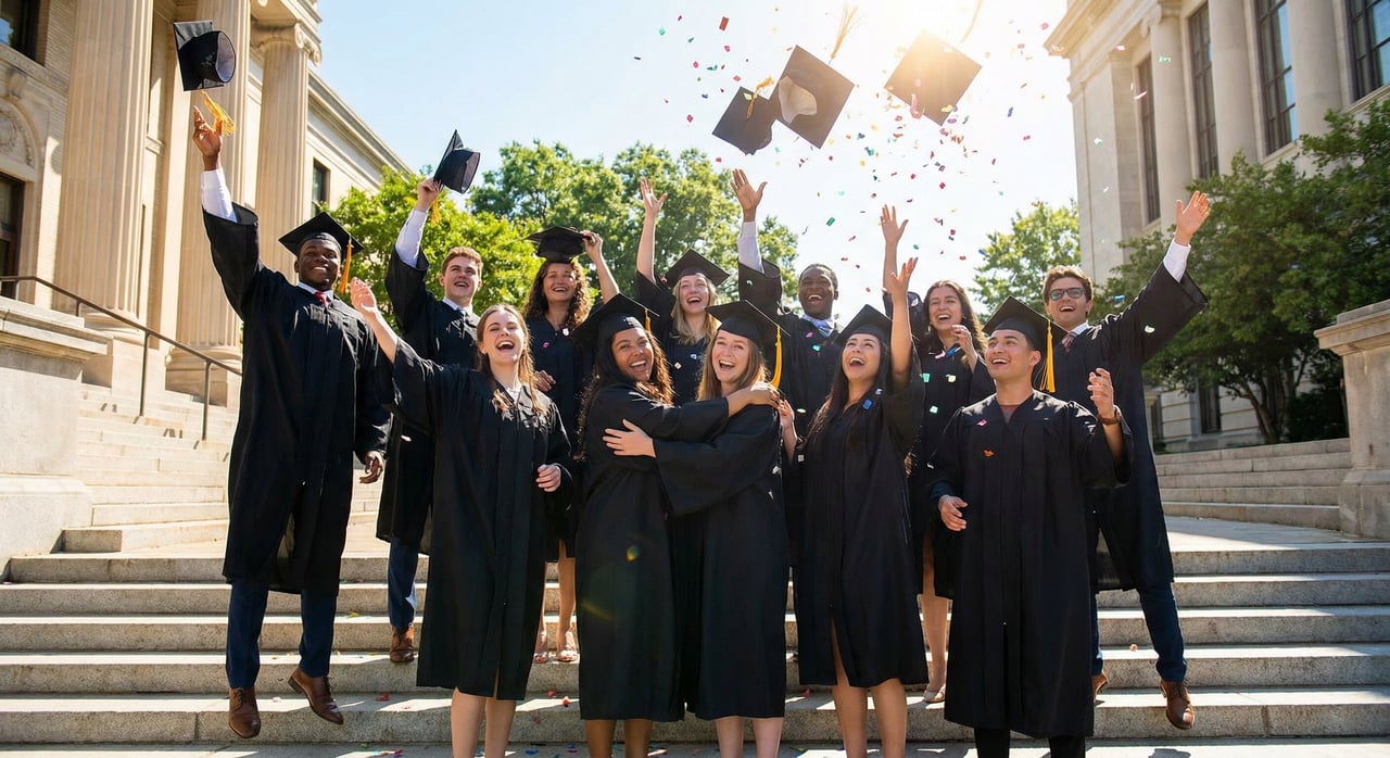 A group of graduates celebrating together