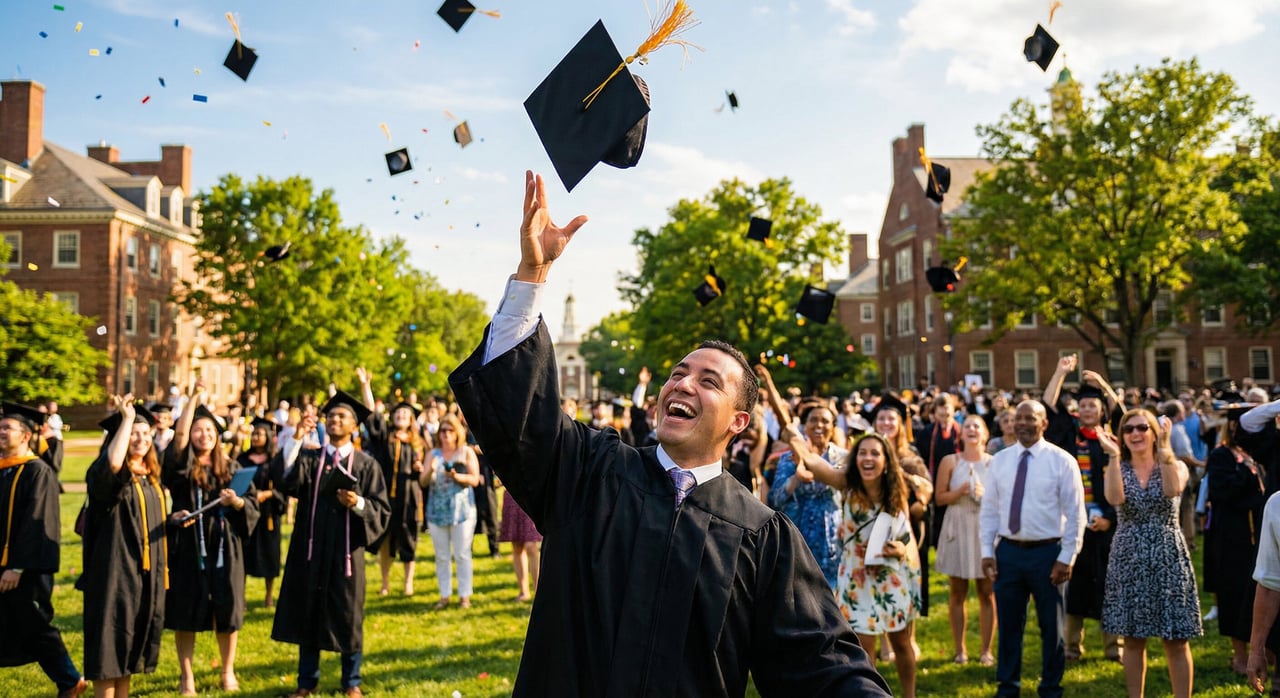 Graduates celebrating and throwing caps in the air