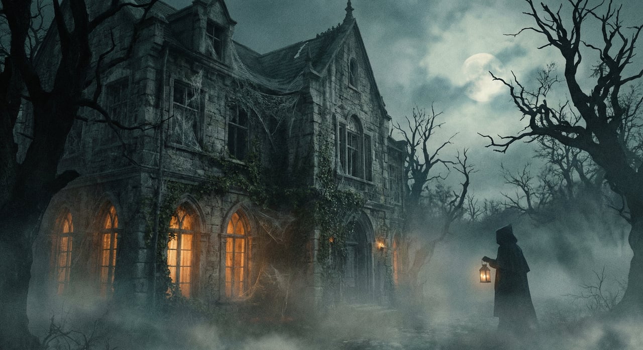 A spooky haunted house at night