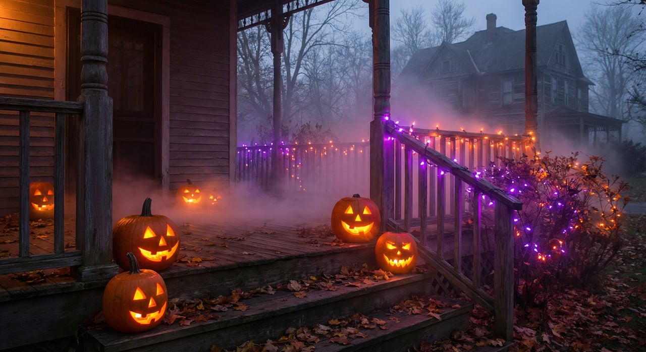 A spooky Halloween scene with jack-o-lanterns and eerie moonlight