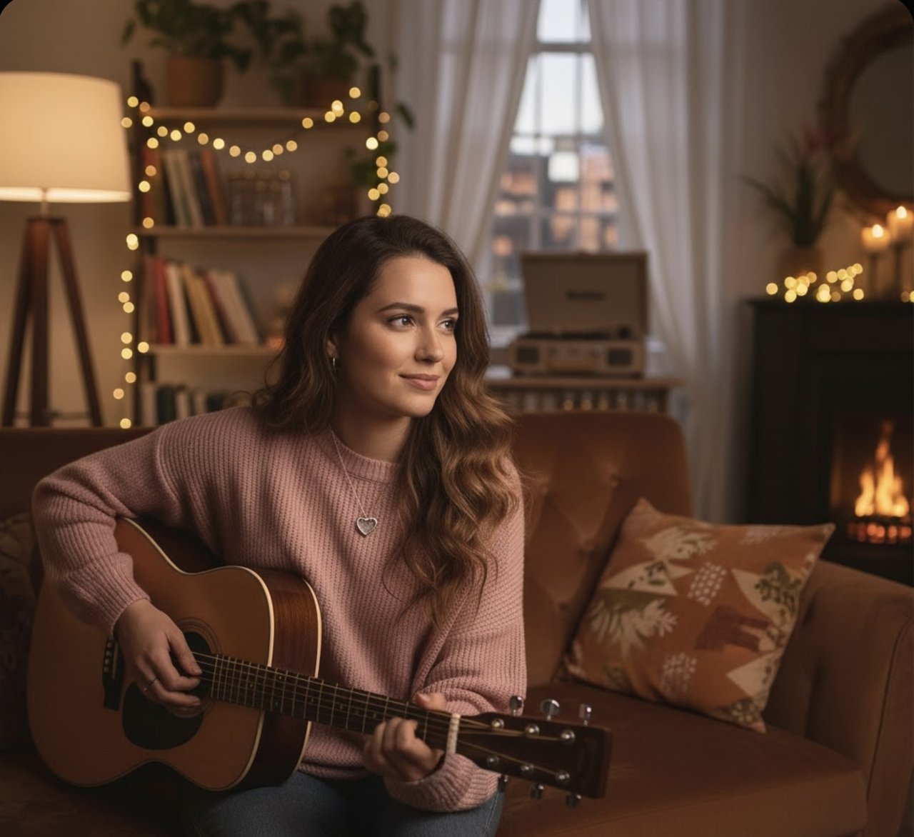 A girl holding a guitar siting on a couch