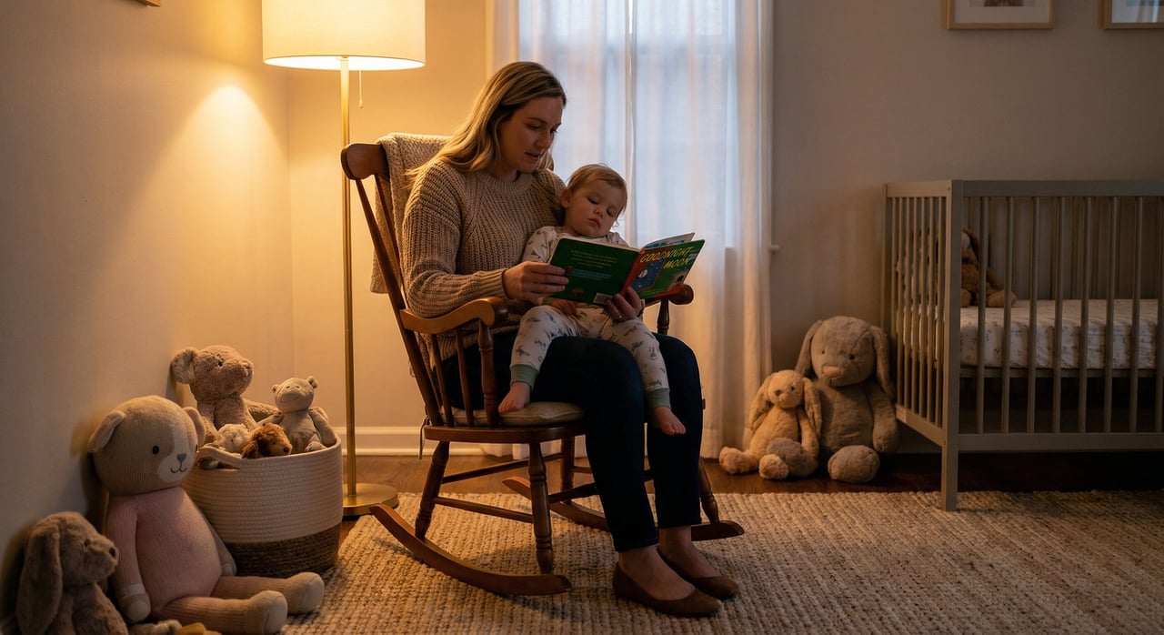 A parent singing a lullaby to their baby at bedtime