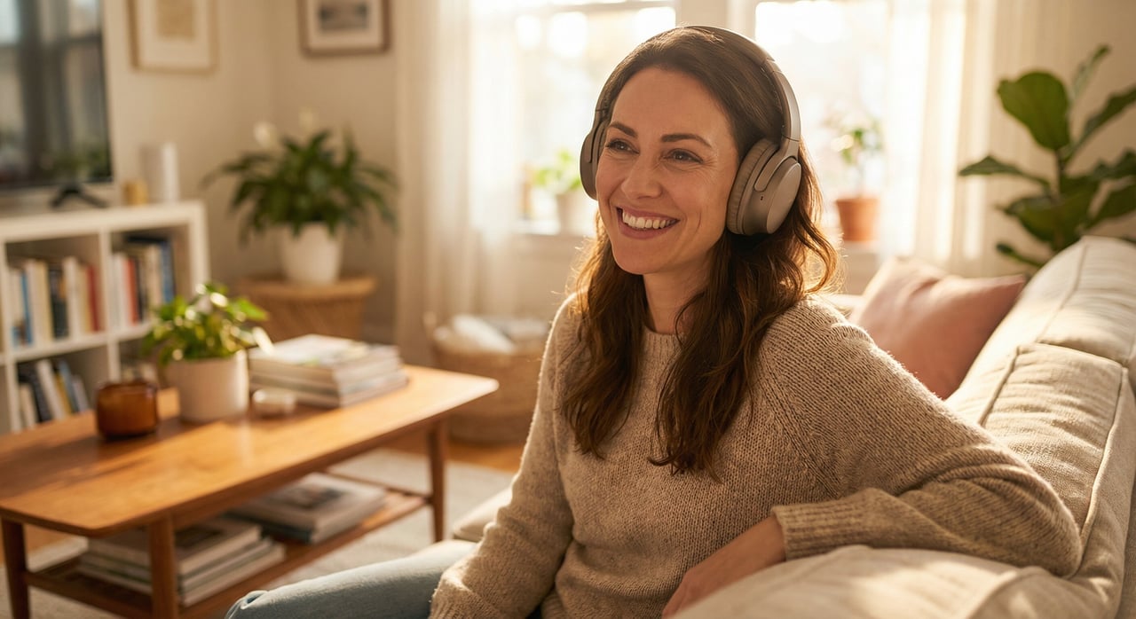 A mother smiling while listening to a personalized song