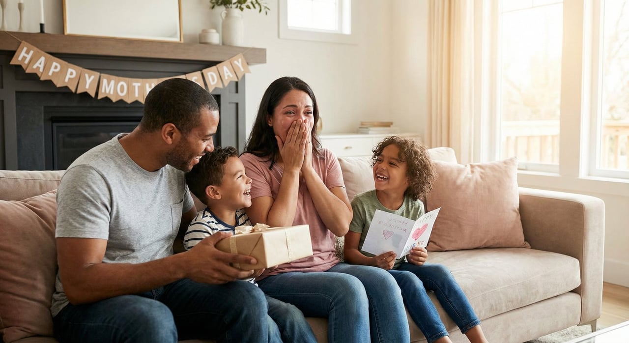 A family surprising mom with a heartfelt gift on Mother's Day