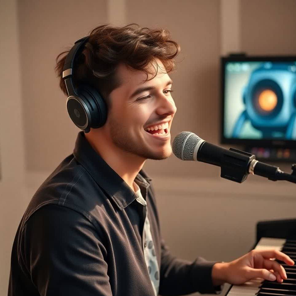 An artist in studio happy and creating a pop song