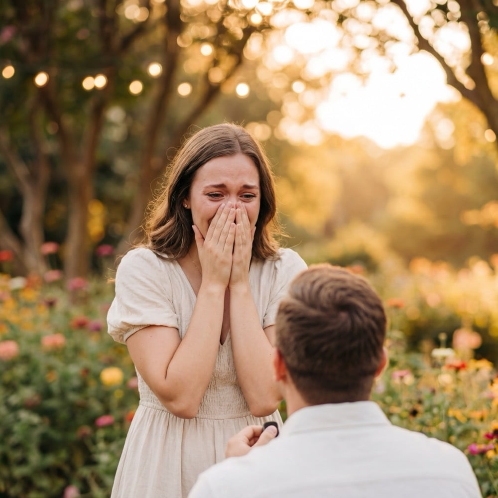 Surprised emotional partner reacting to proposal