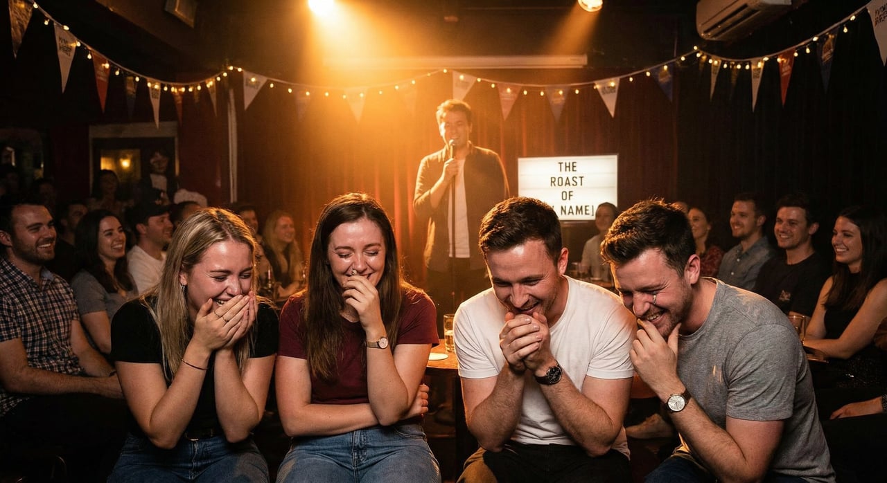 Friends laughing during a comedy roast