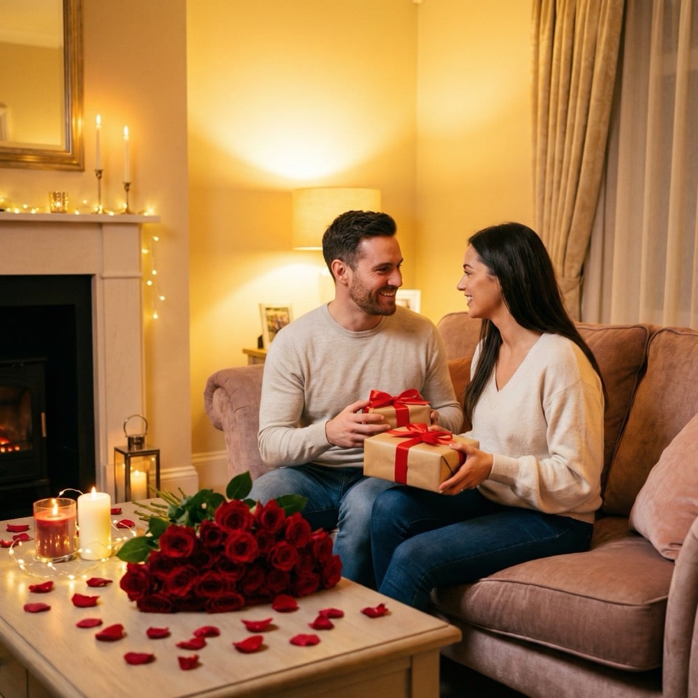 Valentine's Day gift exchange with romantic atmosphere