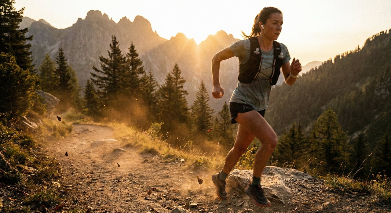 A runner on a scenic trail with headphones