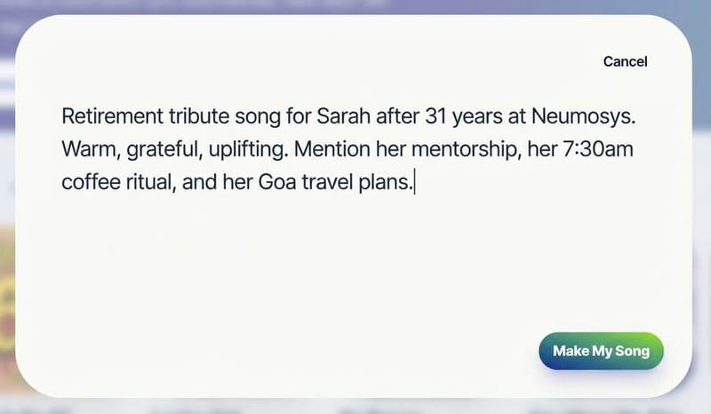 Neume song creation UI with a retirement tribute prompt filled in