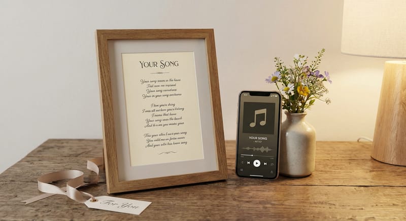 Framed printed song lyrics next to a phone playing music on a wooden table