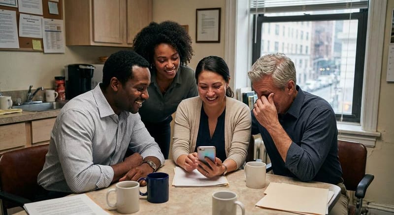 Coworkers listening to a personalized retirement song together