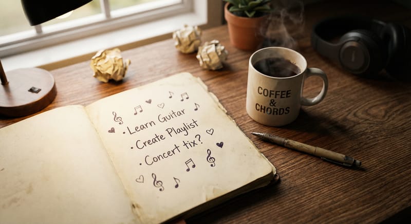 Cozy overhead view of a notepad with brainstorming notes and a coffee cup