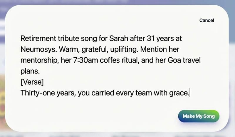Neume song creation UI with a retirement prompt plus a verse line