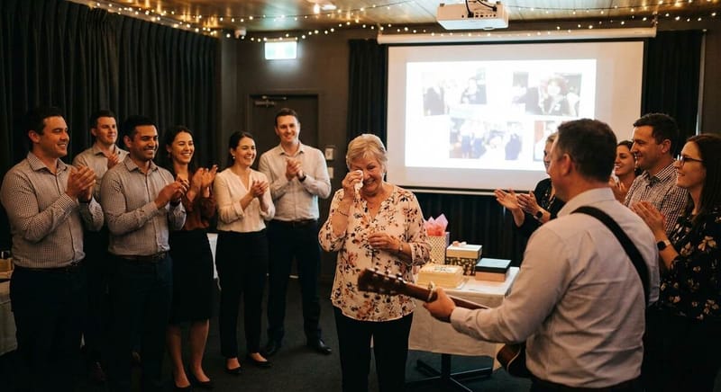 Retirement party presentation while the custom song plays