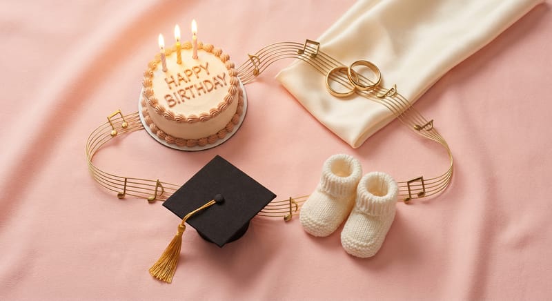 Flat-lay arrangement of gift occasions — birthday cake, wedding rings, graduation cap, and baby shoes connected by music notes