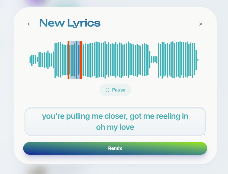 Neume Remix interface showing edited lyrics and waveform