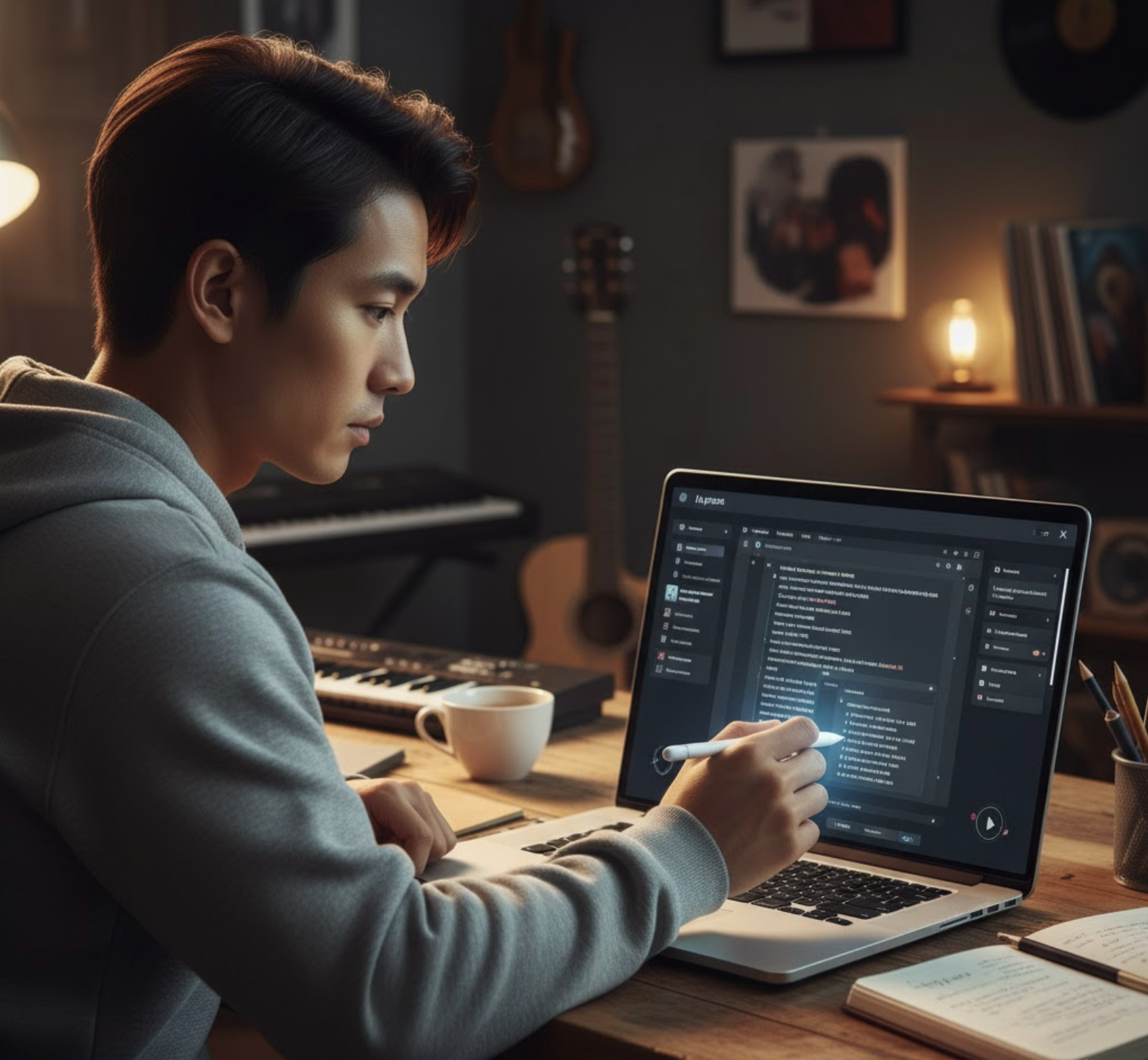 A person editing AI generated lyrics on a laptop