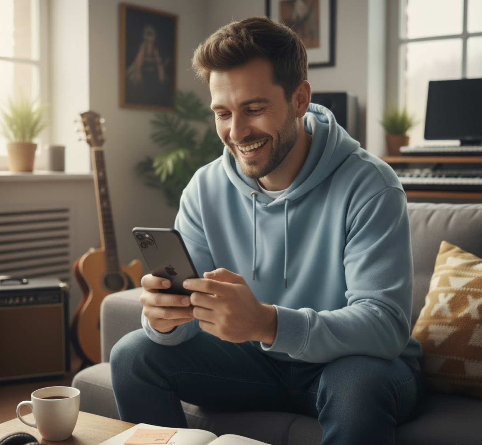 A man sitting happily holding his phone