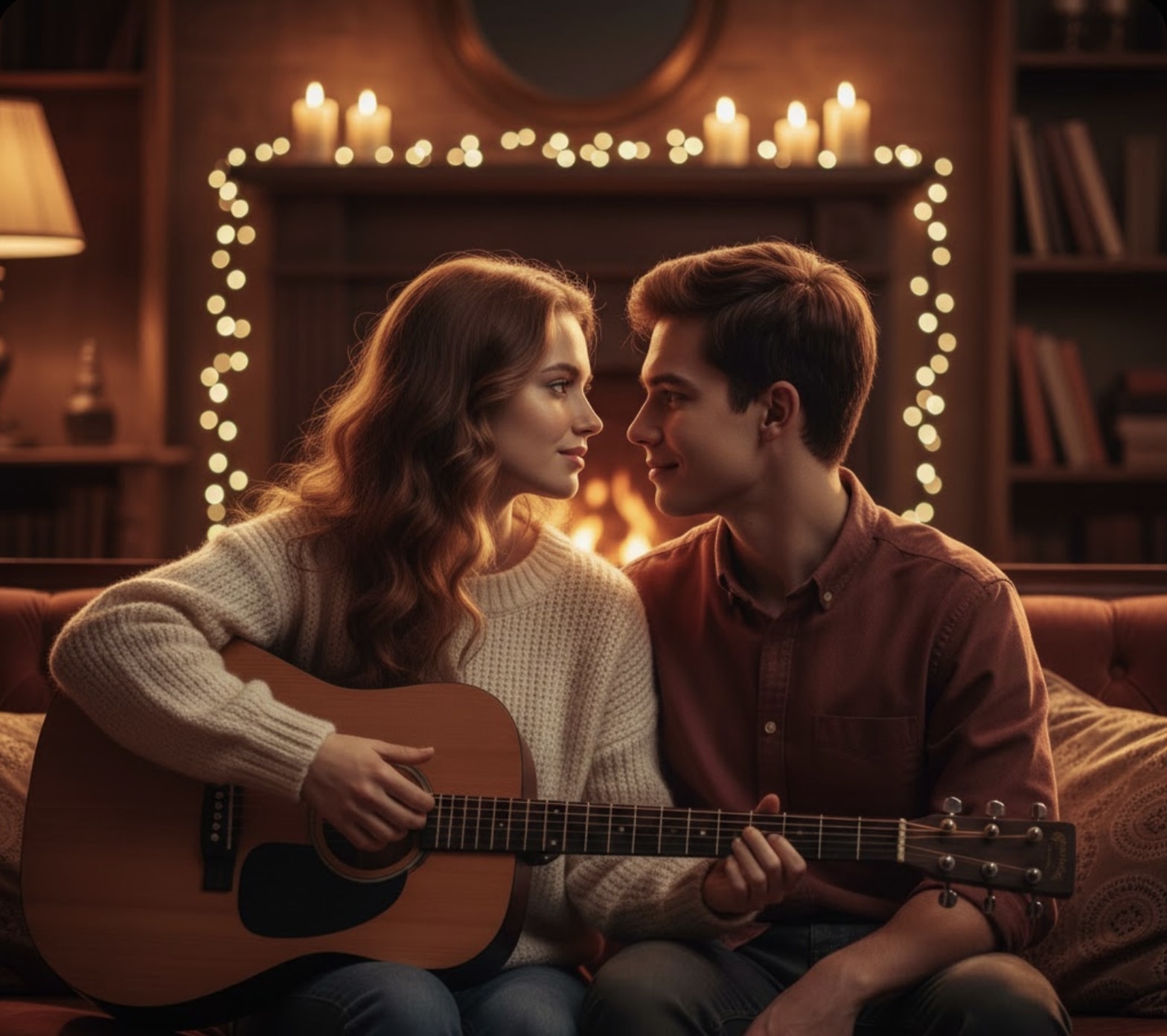A girl holding a guitar and a boy sitting on a couch looking each other's eyes
