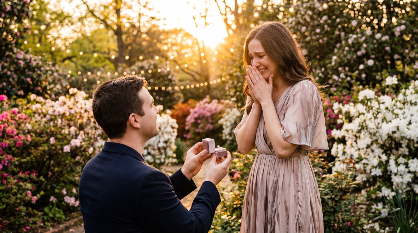 A person proposing on one knee with a ring
