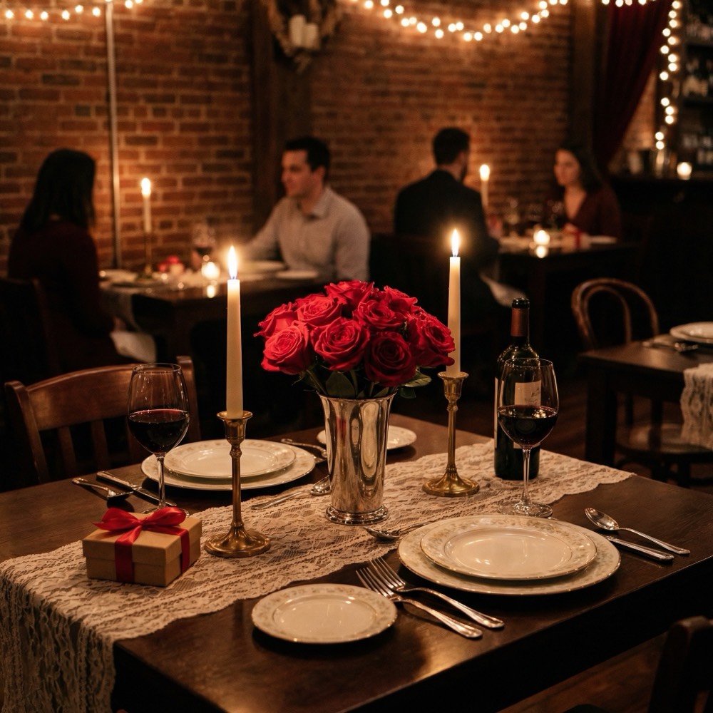 Romantic candlelit dinner scene for Valentine's Day