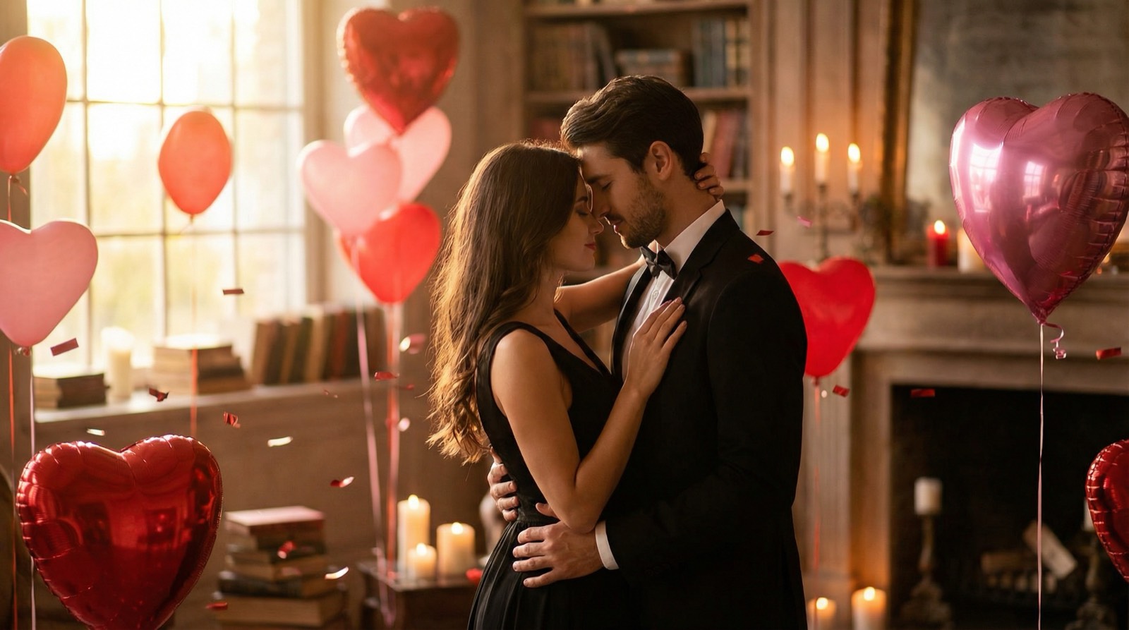 A romantic couple celebrating Valentine's Day with hearts and love